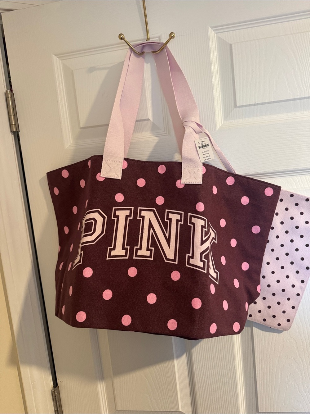 PINK Victoria's Secret Burgundy and Light Pink Polka Dot Canvas Tote